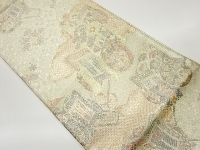 リサイクル　佐賀錦雲に御所車・花々模様織出し袋帯